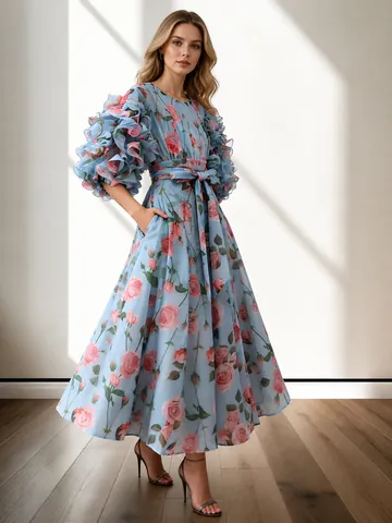 Robe Fleurie Rétro Française pour Femmes Jupe à Étages Volants Laçage Taille Élégante Mondaine Polyester Robe d'Été à Manches Courtes