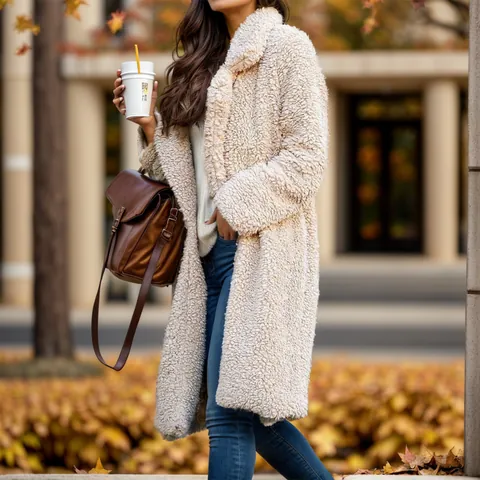 Women's Casual Polyester Faux Shearling Long Coat Lapel Long Sleeve Fleece Jacket Autumn Winter Warm Solid Color Outerwear Top