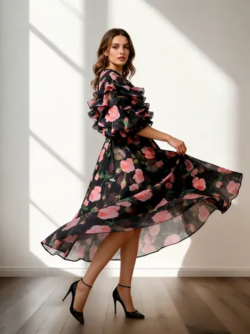 Robe Fleurie Rétro Française pour Femmes Jupe à Étages Volants Laçage Taille Élégante Mondaine Polyester Robe d'Été à Manches Courtes