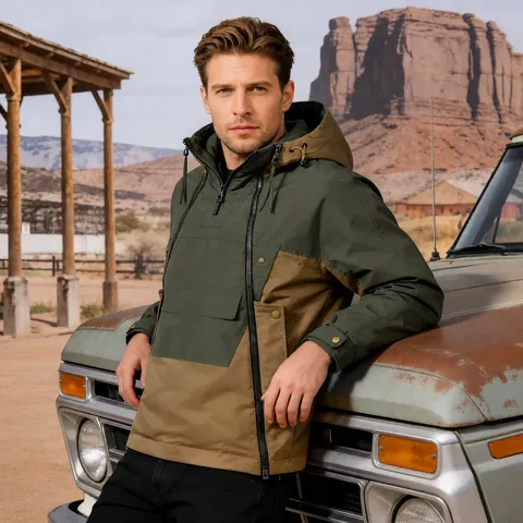 Men Casual Hooded Cargo Jacket Outdoor Windproof Color Block Multi-Pocket Windbreaker Jacket Outerwear For Men