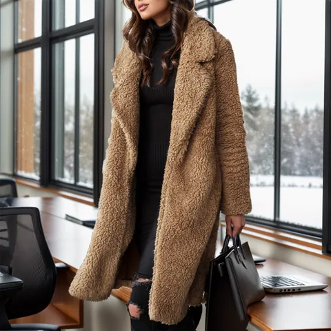 Women's Casual Polyester Faux Shearling Long Coat Lapel Long Sleeve Fleece Jacket Autumn Winter Warm Solid Color Outerwear Top