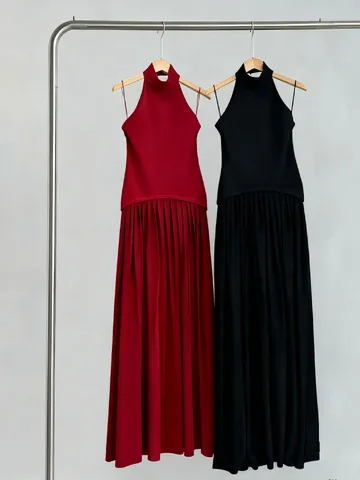 Dames Franse Stijl Halternek Maxi Jurk Polyester Slim Fit Geplooid Splitsen Effen Kleur Zomer Mouwloos Avondfeest Lange Jurk