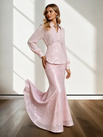 Dames Gemerceriseerd Geplooid Overhemd En Pailletten Zeemeermin Rok Set Lange Mouw Elegant Mode Runway Rokpak