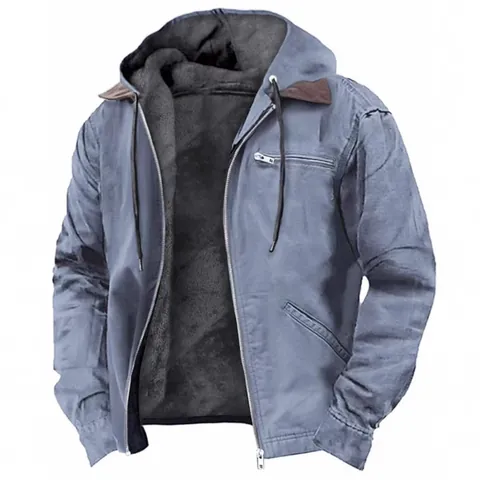 Men Retro Hooded Jacket Fleece Lined Warm Zip Up Top Casual American Workwear Windproof Outerwear For Autumn Winter