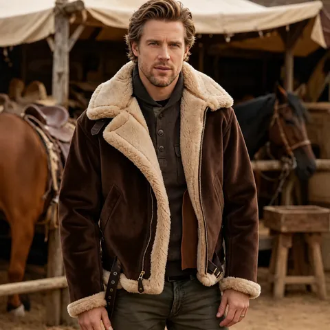 Men's Vintage Faux Suede Shearling Jacket Winter Thick Warm Faux Fur Lined Outerwear Casual Lapel Collar Top Coat