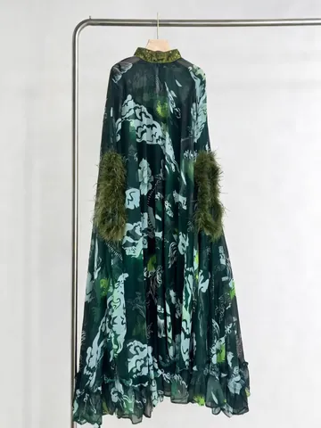 Dames Retro Print Vleermuismouw Maxi Jurk Met Veren Patchwork Ronde Hals Losse Oversized Boheemse Stijl Lange Jurk