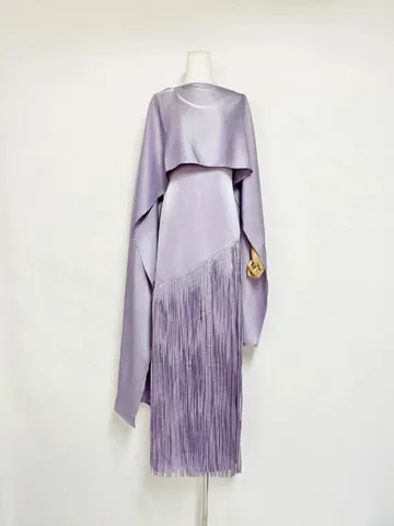 Women's Summer Elegant Solid Color Acetate Tassel Dress With Shrug Cover-up Two Piece Set Maxi A-Line Banquet Party Outfit