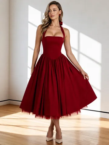 Elegant Halter Neck Pleated Ruffle Midi Dress Sexy Backless Bowknot A-Line Party Dress Solid Color Polyester Sleeveless Summer Dress