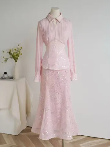 Dames Gemerceriseerd Geplooid Overhemd En Pailletten Zeemeermin Rok Set Lange Mouw Elegant Mode Runway Rokpak
