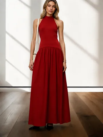 Dames Franse Stijl Halternek Maxi Jurk Polyester Slim Fit Geplooid Splitsen Effen Kleur Zomer Mouwloos Avondfeest Lange Jurk