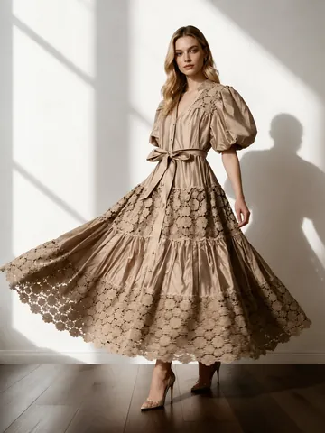 French Palace Style Lace Patchwork Hollow Out Embroidery V Neck Puff Sleeve Maxi Dress With Waist Tie Elegant Women Party Dress