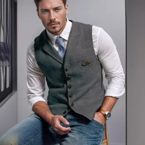 Men Casual Slim Fit Plaid Vest Notch Lapel Single Breasted Business Waistcoat Printed Gingham Outwear Vest For Men