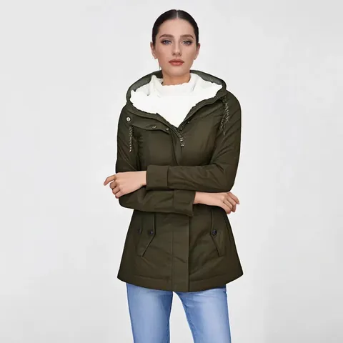 Women Mid-Length Hooded Fleece Lined Parka Jacket Solid Color Warm Windproof Overcoat For Autumn Winter Casual Outerwear