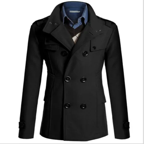 Cappotto da Uomo Doppio Petto Slim Fit Mezza Lunghezza Business Misto Lana Trench Invernale Caldo Con Spalline