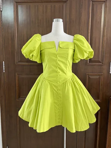 Vestido Vintage Francés Corsé Plisado Talle Alto Mujer Manga de Farol Cuello en V Elegante Línea A Color Sólido Mini Midi Fiesta