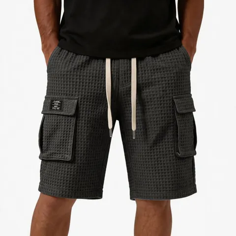 Men's Casual Waffle Knit Cargo Shorts Summer Loose Fit Straight Leg Five-Point Pants With Drawstring Multi-Pocket Shorts