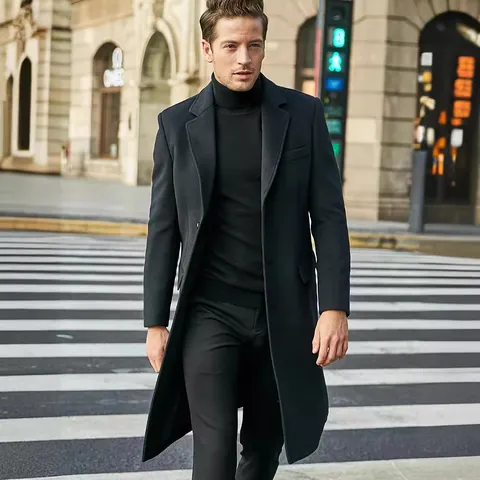 Manteau Long en Laine pour Homme Style Britannique Coupe Ajustée Simple Boutonnage Col à Revers Hiver Casual Mode Trench