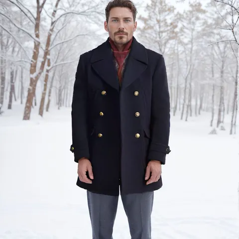 Cappotto da Uomo in Lana Stile Marina Britannica Media Lunghezza Doppiopetto Giacca in Poliestere Tinta Unita Cappotto Invernale