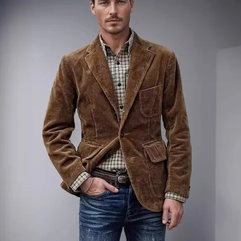 Herren Cord Sakko Lässig Anzugjacke Vintage Einreihig Einfarbig Revers Oberbekleidung Westliche Mode Blazer Top