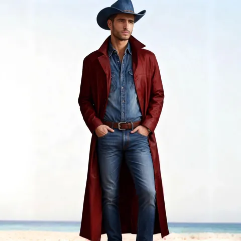 Herren Extra Langer PU Leder Trenchcoat Western Stil Anzugkragen Lässig Einreihige Jacke Mantel