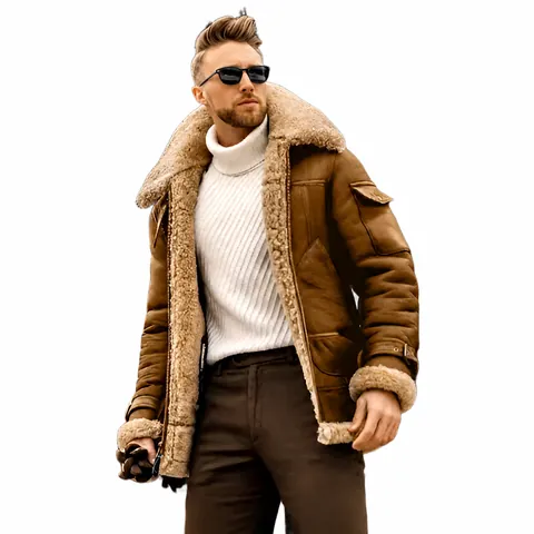 Men's Winter Heavyweight Faux Leather Jacket Sherpa Lined Frosted Composite Aviator Coat Plus Size Warm Windproof Jacket