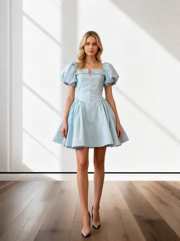 Vestido Vintage Francés Corsé Plisado Talle Alto Mujer Manga de Farol Cuello en V Elegante Línea A Color Sólido Mini Midi Fiesta