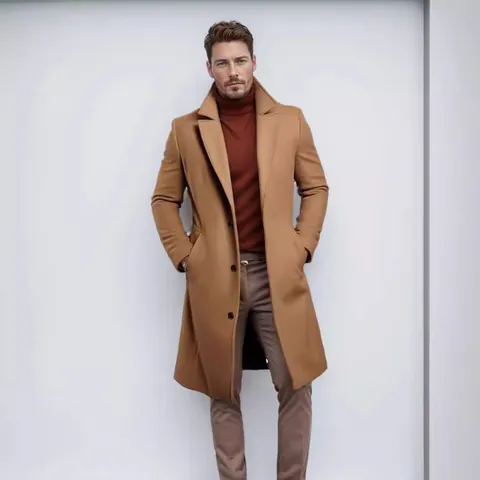 Men Mid-Length Woolen Overcoat British Style Single Breasted Thickened Warm Coat For Autumn Winter Business Casual Daily Wear
