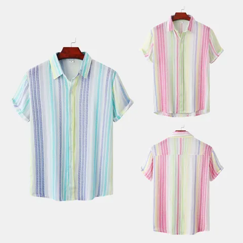 Camisa Casual de Hombre Rayada Estampada Playa Manga Corta Mezcla de Algodón Cuello Camisero Verano Ajuste Holgado Top Vacaciones