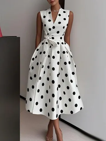 Robe Vintage Style Audrey Hepburn pour Femmes Sans Manches Col en V Imprimé à Pois Ligne A Swing pour Fête Banquet Robe Rétro Élégante