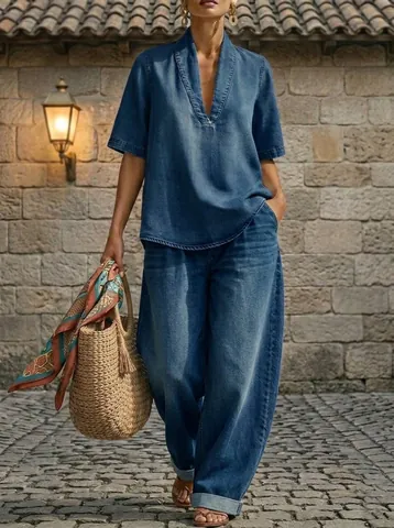 Completo Casual da Donna con Top a Manica Corta Scollo a V e Pantaloni a Gamba Larga in Poliestere Elastan Minimalista