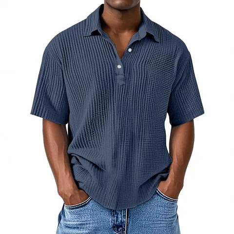 Men Casual Short Sleeve Shirt Double Layer Crepe Polyester Breathable Polo Style Button Neck Top Summer Fashion Outfit