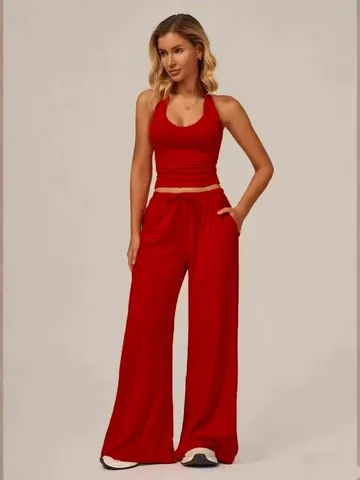 Women Halter Backless Tank Top And Wide Leg Pants Two Piece Outfits Causal Lounge Sets Sports Tracksuits Yoga Sets Top And Bottom