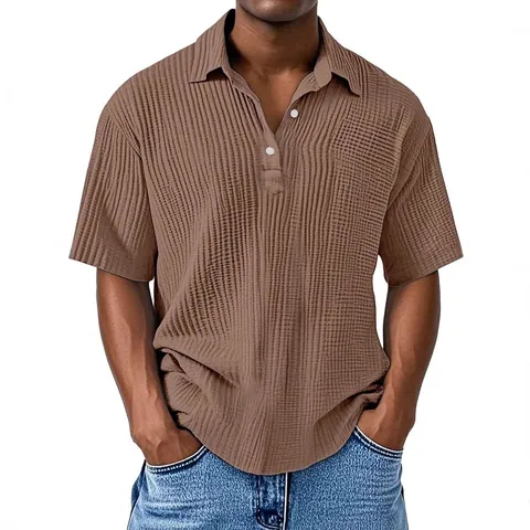 Men Casual Short Sleeve Shirt Double Layer Crepe Polyester Breathable Polo Style Button Neck Top Summer Fashion Outfit