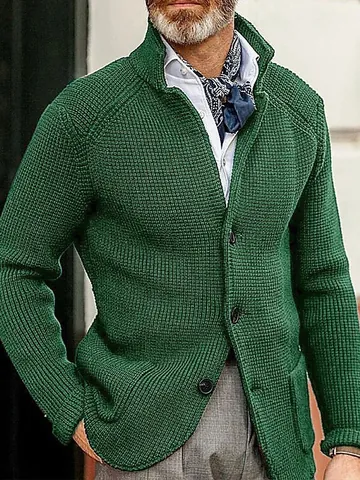 Men Waffle Knit Cardigan Jacket Button Down Solid Color Long Sleeve Stand Collar Sweater Outerwear For Casual Business Work Top