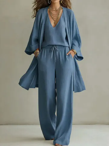 Women Casual Solid Color Cardigan Camisole And Wide Leg Pants Top And Bottom Cotton Blend Polyester Loungewear Outfit