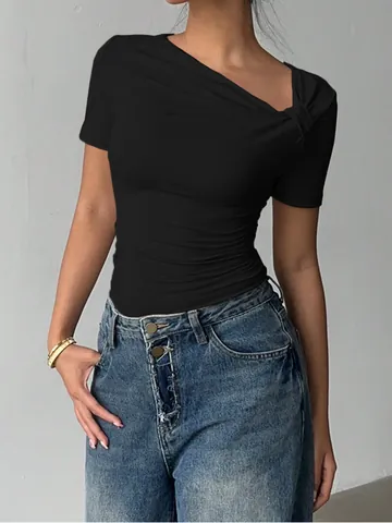 Women Off Shoulder Ruched T-Shirt Knot Twist Slim Fit Short Sleeve Top Summer Fashion Casual Solid Color Polyester Tee