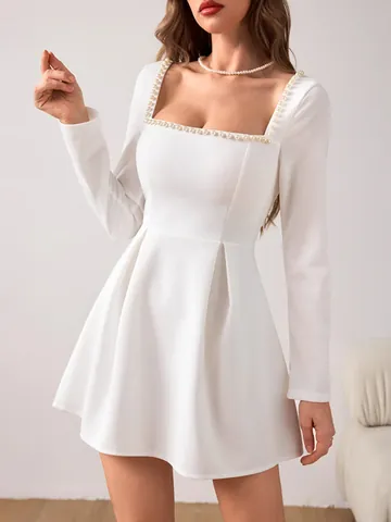 Women Elegant Square Neck Artificial Pearl Trim Long Sleeve A-Line Mini Dress Waisted Solid Color Party Office Dress