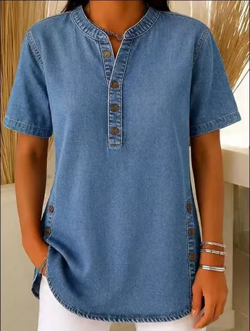 Women's Retro Denim Look Polyester T-Shirt Round Neck Button Short Sleeve Casual Top For Daily Commuting Regular Fit Tee