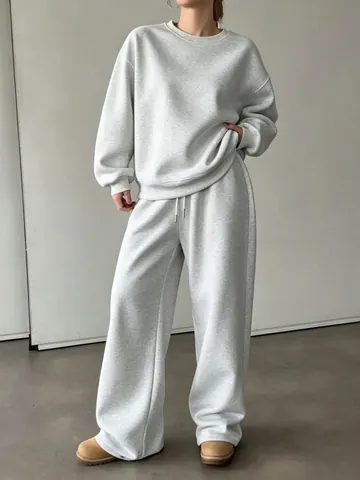 Women's Casual Solid Color Long Sleeve Round Neck Sweatshirt And Wide Leg Pants Top And Bottom Oversized Lounge Set