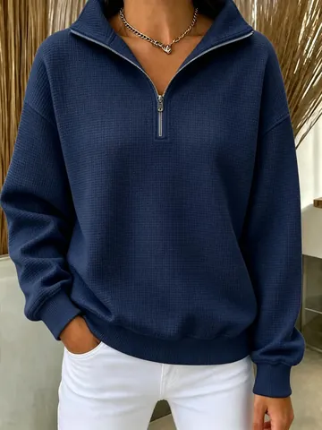 Sweat-shirt Décontracté en Maille Gaufrette pour Femmes Demi-Fermeture Éclair Col Montant Manches Longues Pull Ample Top Mode Automne Hiver