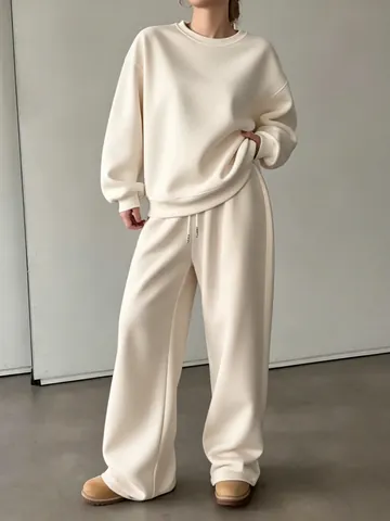 Women's Casual Solid Color Long Sleeve Round Neck Sweatshirt And Wide Leg Pants Top And Bottom Oversized Lounge Set