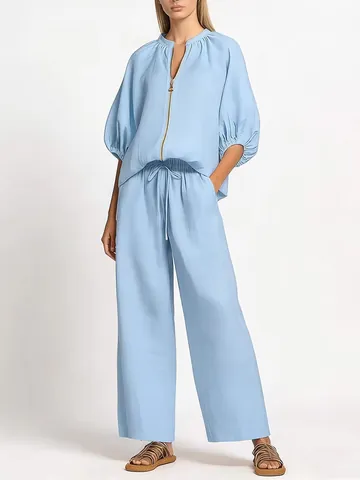 Women's Casual Polyester Patchwork Top And Bottom Zipper Round Neck Wide Leg Pants Tracksuit Solid Color Loose Outfit