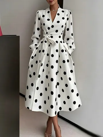 Robe Longue Trapèze à Pois Style Hepburn Vintage Élégante Col en V Manches Longues pour Femme Fête Banquet