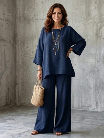 Minimalist Women Polyester Pants Set Top And Bottom Round Neck Long Sleeve Shirt Wide Leg Pants Casual Loose Fashion Suit