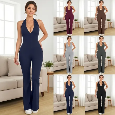 Women Sexy Halter Deep V Neck Backless Jumpsuit Flare Pants Slim Fit Naked Feel Sporty Bodysuit Yoga Fitness One Piece