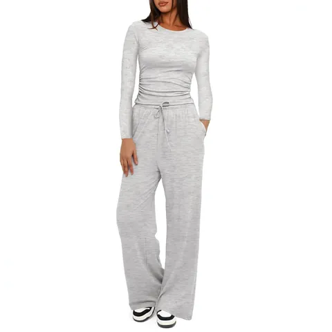 Damen Casual Polyester Elasthan Top And Bottom Einfarbig Langarm Rundhalsausschnitt Hohe Taille Weites Bein Hose Sportbekleidung