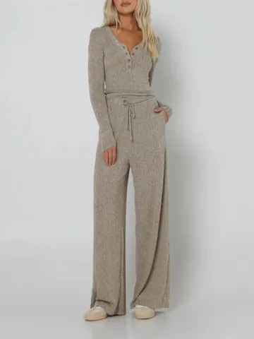 Women Ribbed Knit Top And Bottom High Elastic Henley Long Sleeve Top Wide Leg Drawstring Pants Solid Color Loungewear Outfit