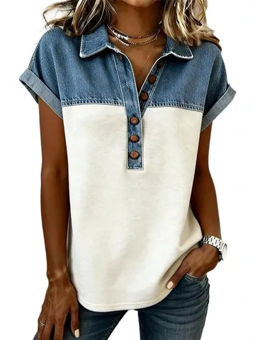 Dames Mode Revers T-Shirt Denim Patchwork Kleurblok Korte Mouw Top Pullover Los Casual Polo Shirt Voor Zomer Dagelijks