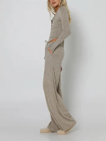 Women Ribbed Knit Top And Bottom High Elastic Henley Long Sleeve Top Wide Leg Drawstring Pants Solid Color Loungewear Outfit