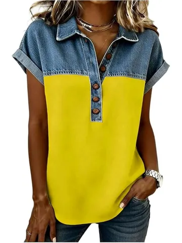 Dames Mode Revers T-Shirt Denim Patchwork Kleurblok Korte Mouw Top Pullover Los Casual Polo Shirt Voor Zomer Dagelijks